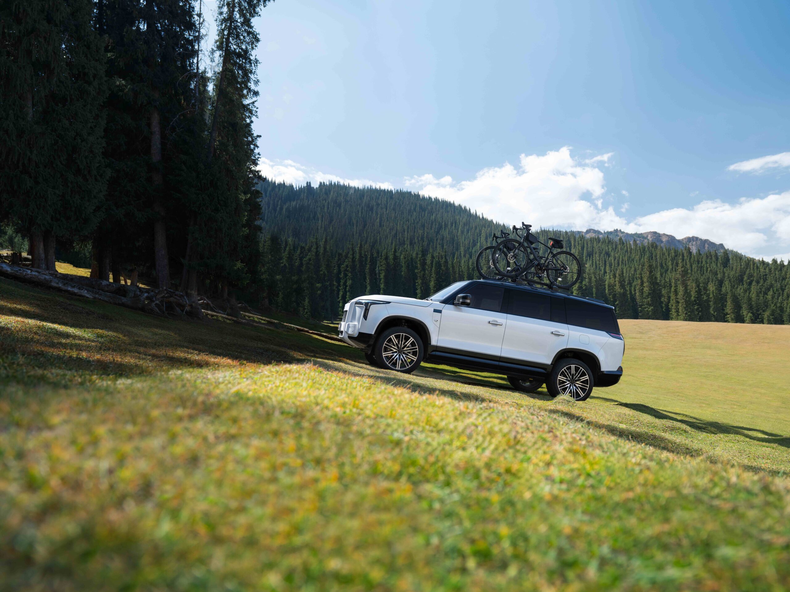 ROX SUV crossing a mountain meadow with bicycles on the roof